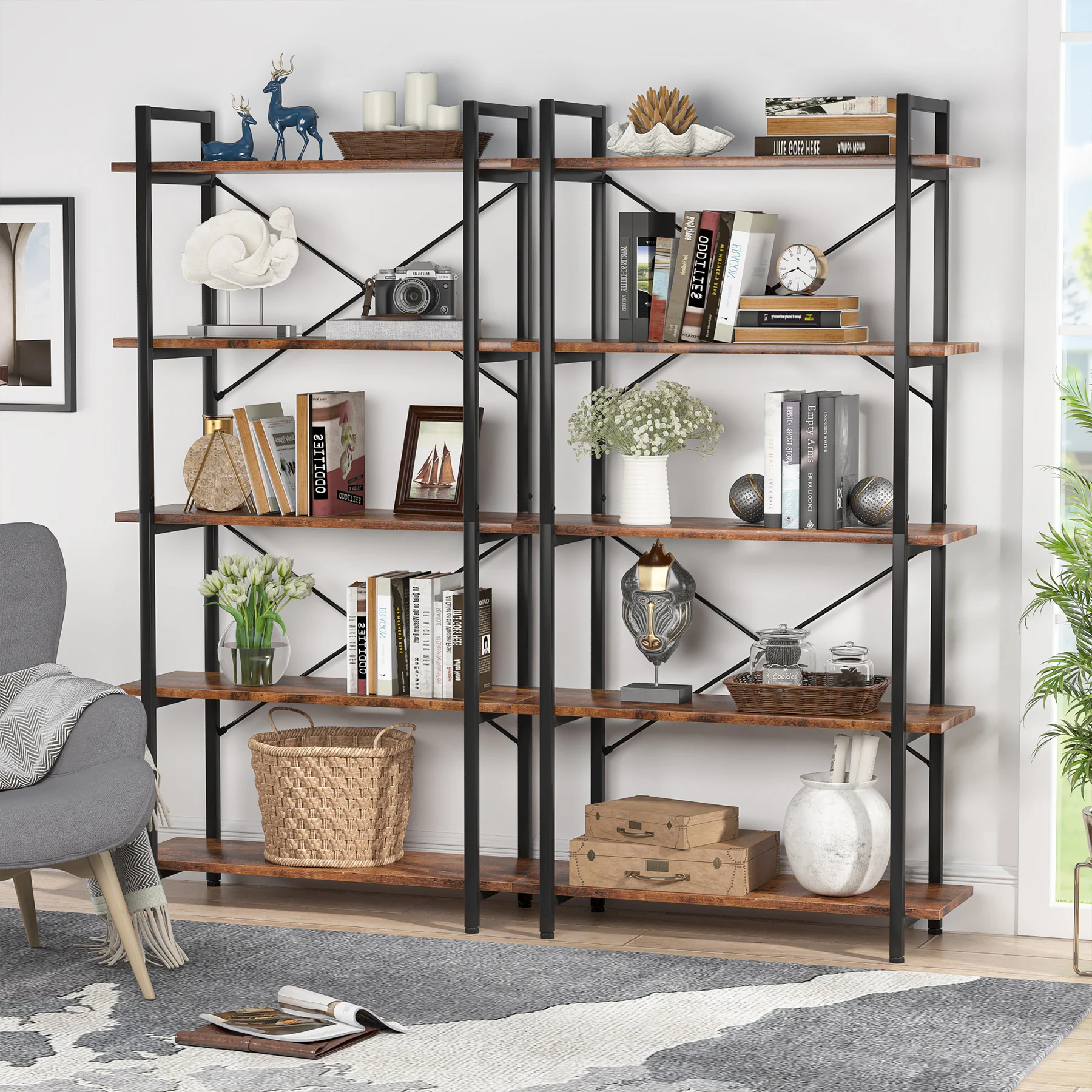 Tribesigns 5 Tier Bookshelf, Industrial Etagere Bookcase with Metal Frame, Rustic Tall Book Shelf Unit for Living Room