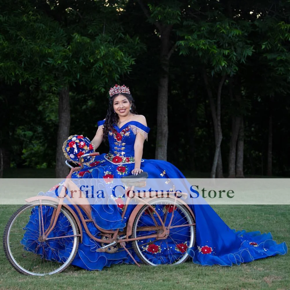 Charro vestidos de 15 años Blue Embroidery Quinceanera Dresses Off The Shoulder Sweet 16 Mexican Girls XV Prom Gowns