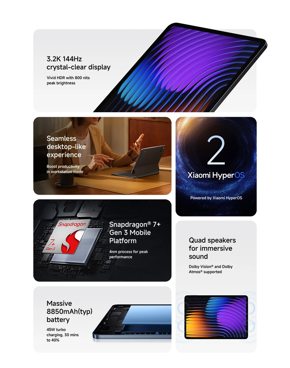 Global Version Xiaomi Pad 7 Snapdragon 7+ Gen 3 Octa-core CPU Tablet 8850mAh 13MP Camera 11.2" 3.2K Display 144Hz 45W Charging