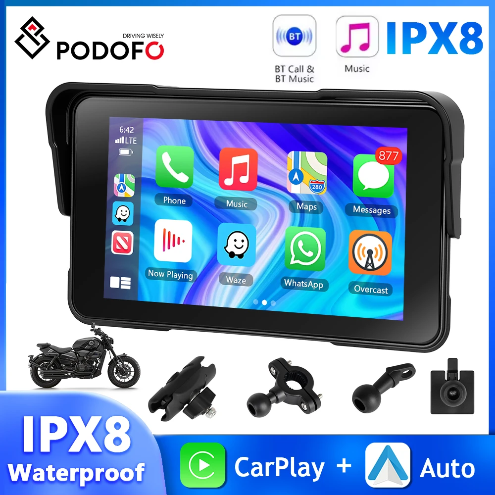 

Podofo 5-дюймовый мотоцикл Carplay Android Auto с умным экраном плеер IPX8 водонепроницаемый навигационный видеорегистратор привод рекордер мотоцикл монитор