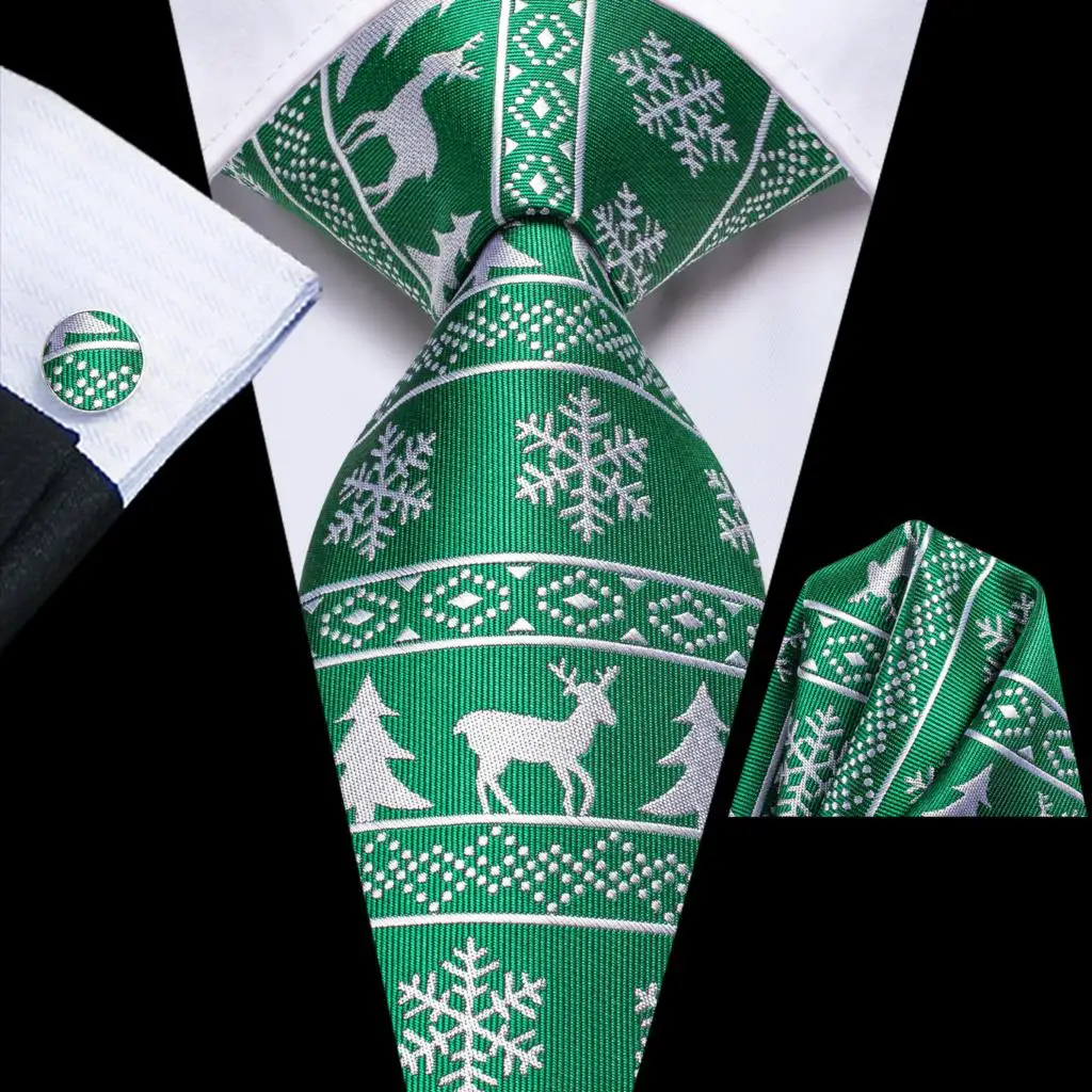 

Green White Christmas Tie Silk Wedding Tie For Men Gift Mens Necktie Handky Cufflink Set Fashion Party Dropshiping Hi-Tie Design