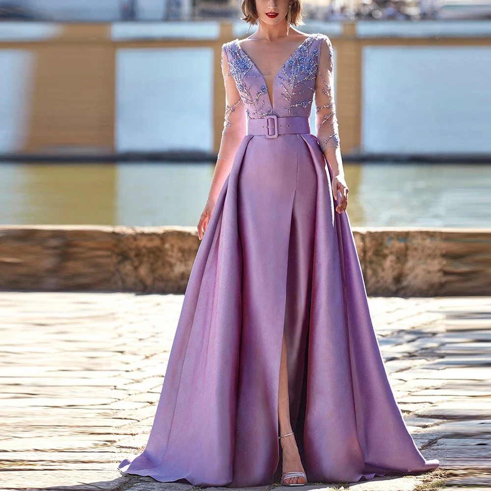 

CustomizedV Neck A-Line Floor Length Satin Open Back Sweep Train Crystal Belt Solid Color Elegant Evening Dress Bespoke Occasion