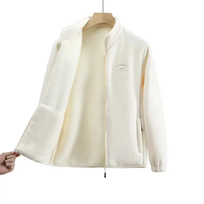 Dámský vlněný kabát z roku 2026, zimní volný střih, plný rukáv, polar fleece, zip, tisk s písmeny, zesílený kardigan, sportovní bunda - náhled 3