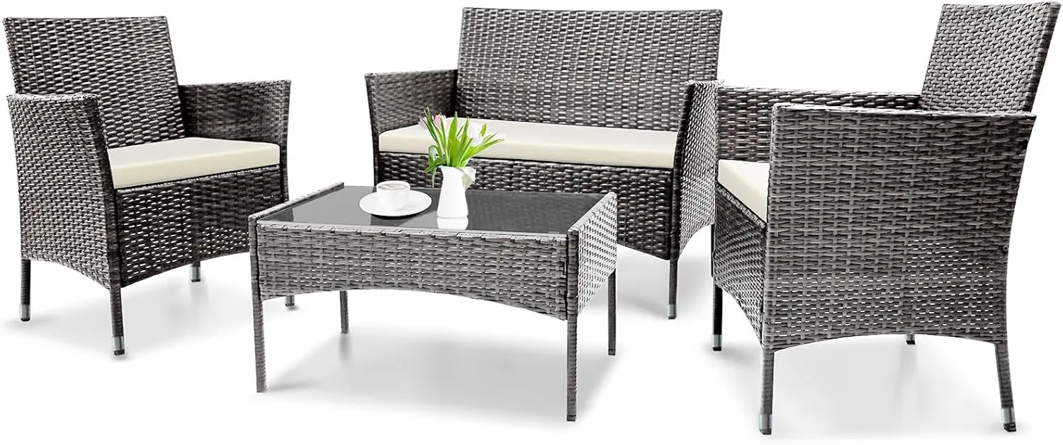 Canapé de Conversation Sectionnel avec Coussin Optique, Table et Chaises en Rotin pour Jardin, Cour ou Porche