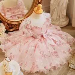 2023 Children's Evening Gown Bow Print Puff Sleeve Design Wedding Birthday Baptism Eid Performance Party Girls Dress A2872