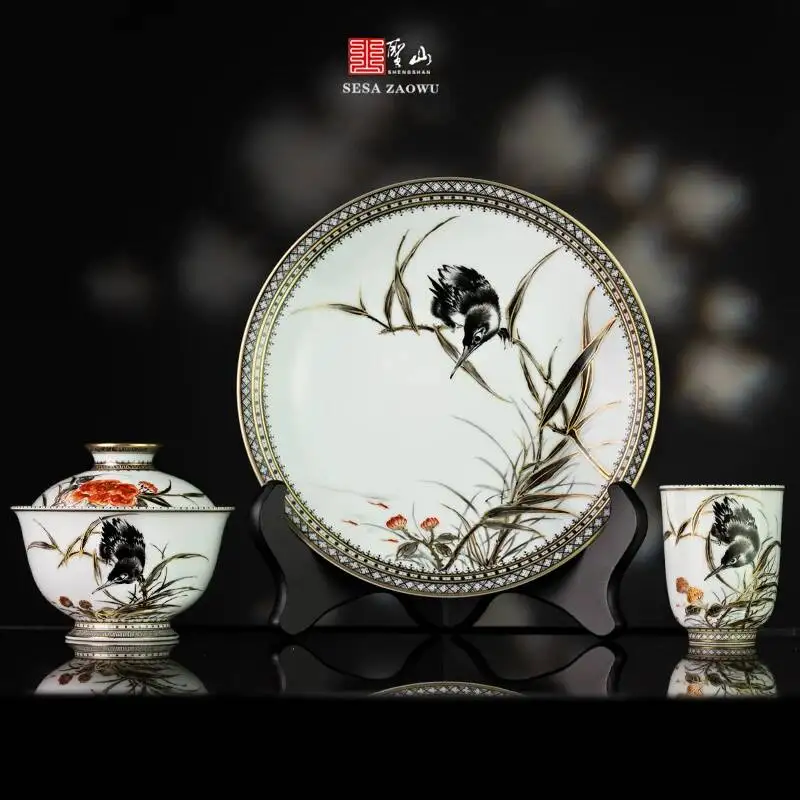 Holy Mountain High-End Ink Color Alum Black Jingdezhen Ceramic Hand-Painted Single Green Flower And Bird Covered Bowl Set For