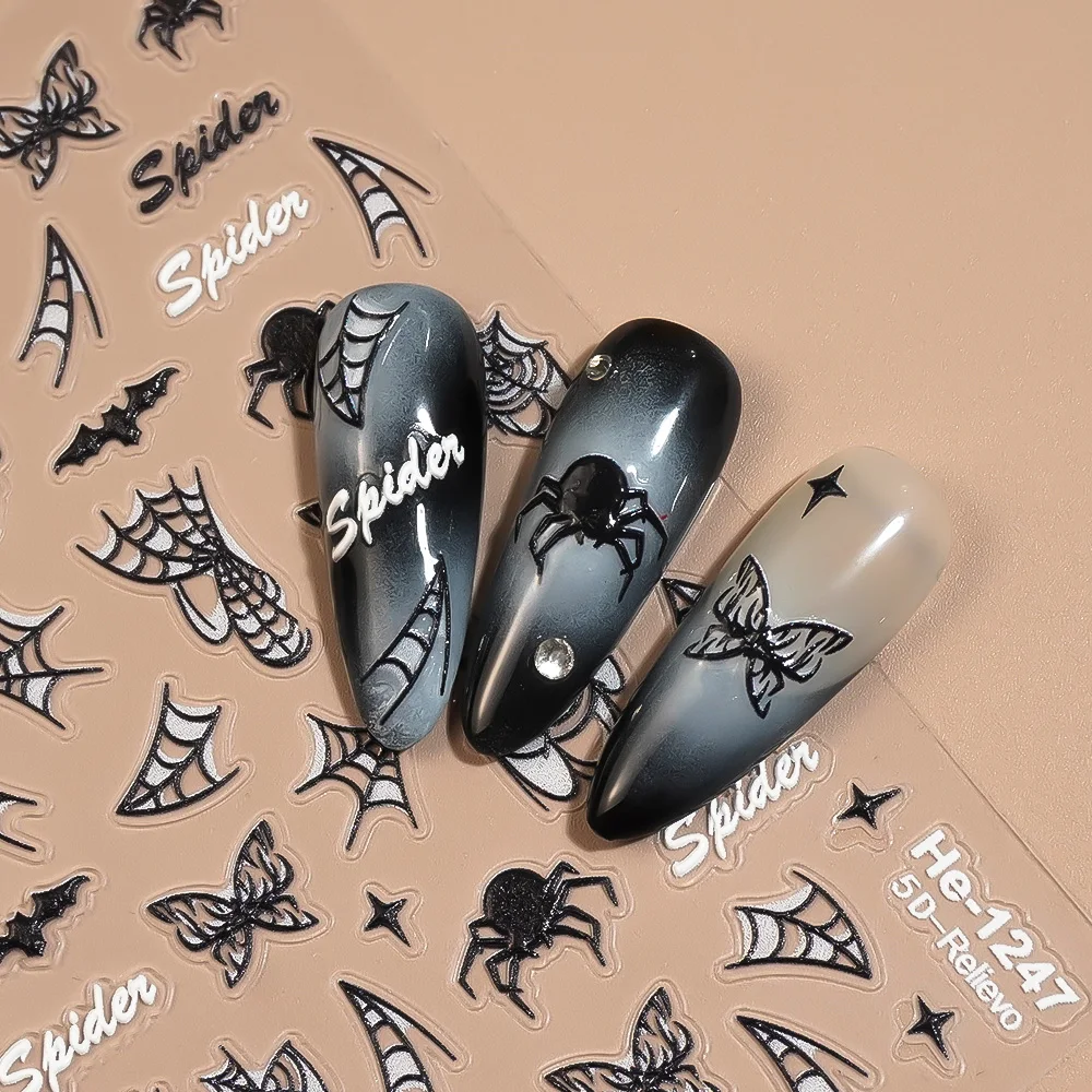 1/5/10pcs Halloween 5D Embossed Nail Art Stickers Spider Webs Bat Butterflies Nail Stickers For DIY Manicure Decoration Decals