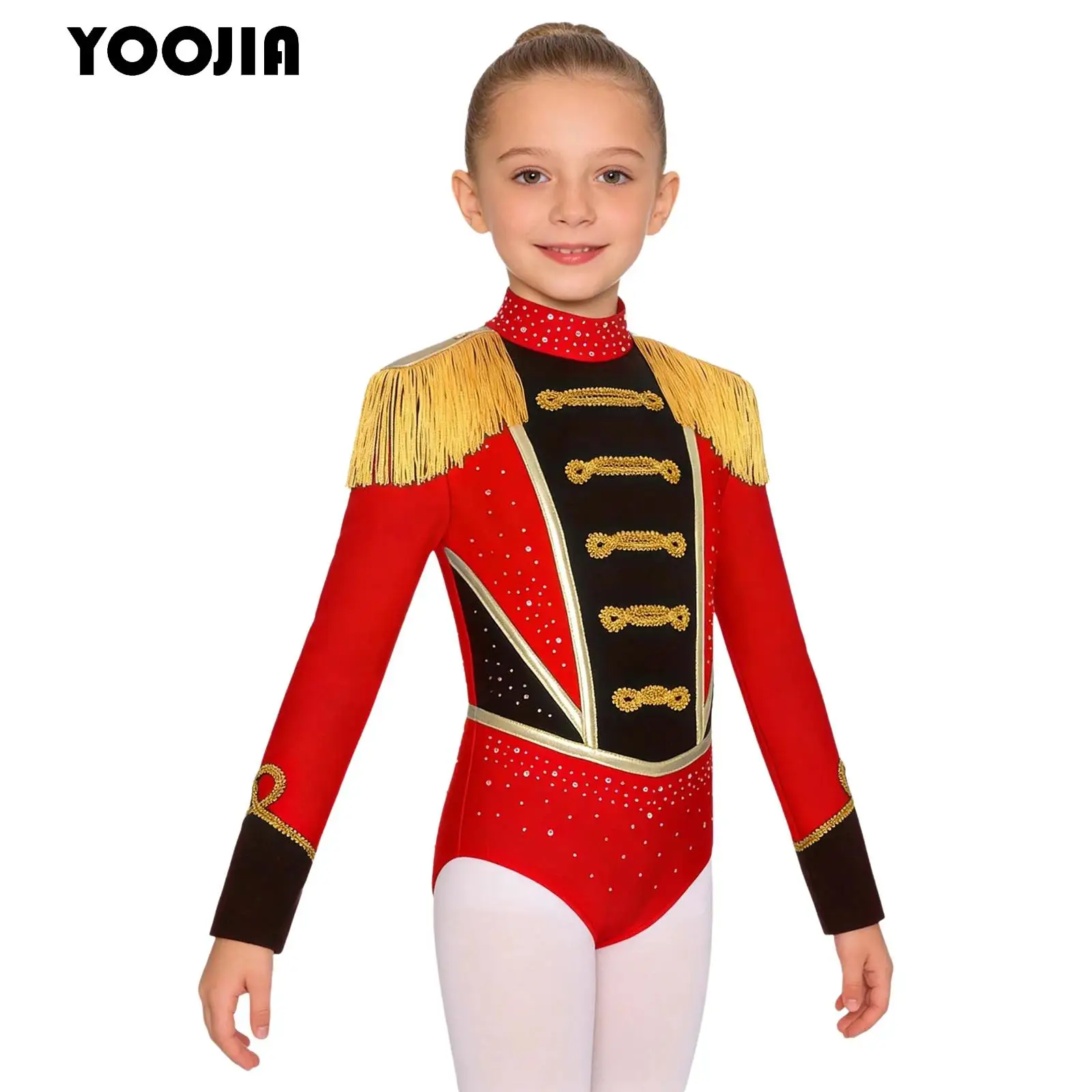

Girls Rhinestones Circus Ringmaster Magician Costume Lion Tamer Long Sleeve Fringed Epaulet Leotard Bodysuit Halloween Role Play