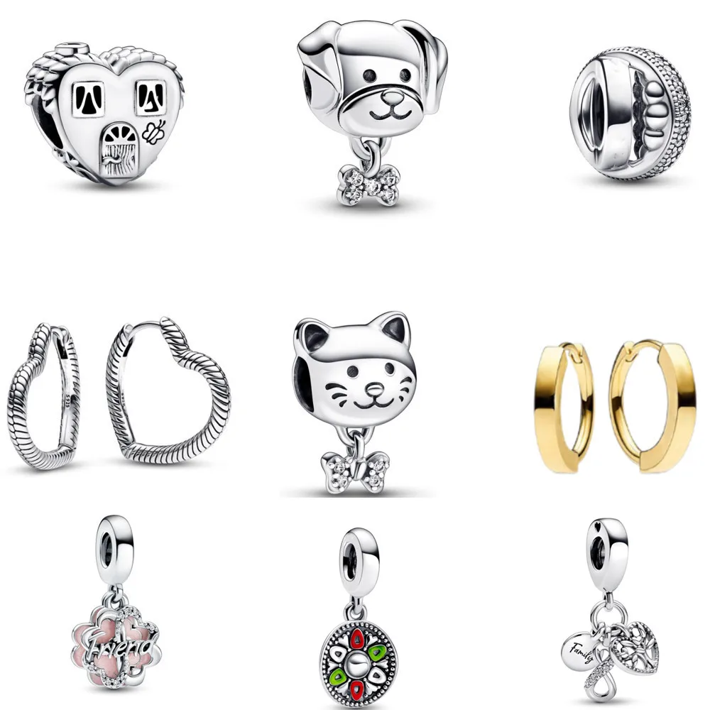 

2022 New Autumn Heart House Happy Place Pet Cat & Bow Charm Beads Fit Original Pandora Bracelet Jewelry Making