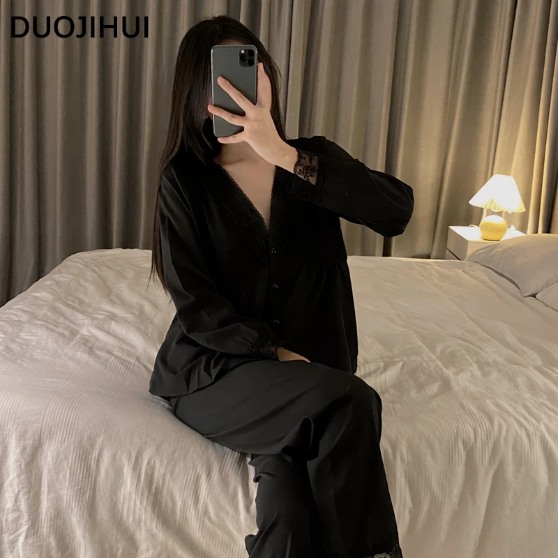 

DUOJIHUI Пикантные кружевные кардиганы с V-образным вырезом и пуговицами, свободный женский пижамный комплект, простые повседневные брюки, модные осенние пижамы 2 цветов для женщин