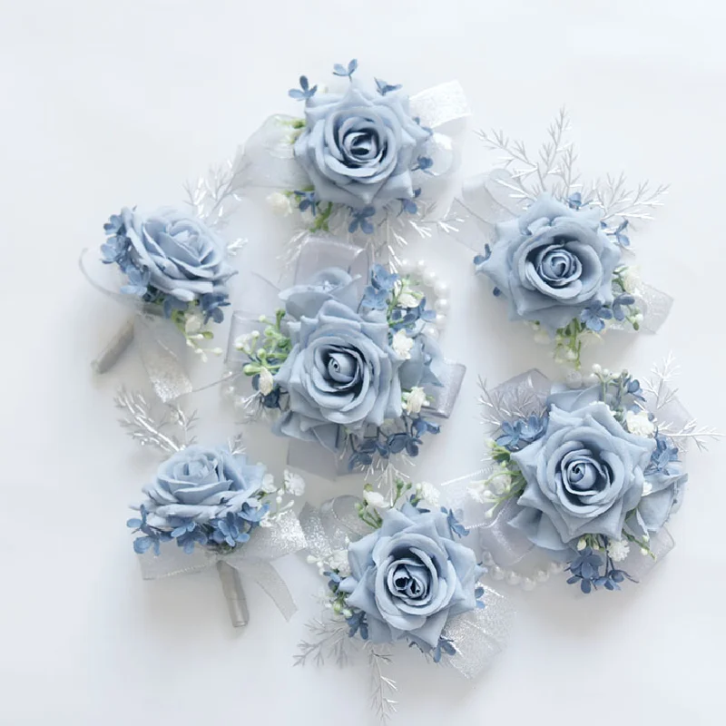 2435Wedding flower bouquet artificial flower business celebration opening guest corsage boutonniere handed flower haze Blue