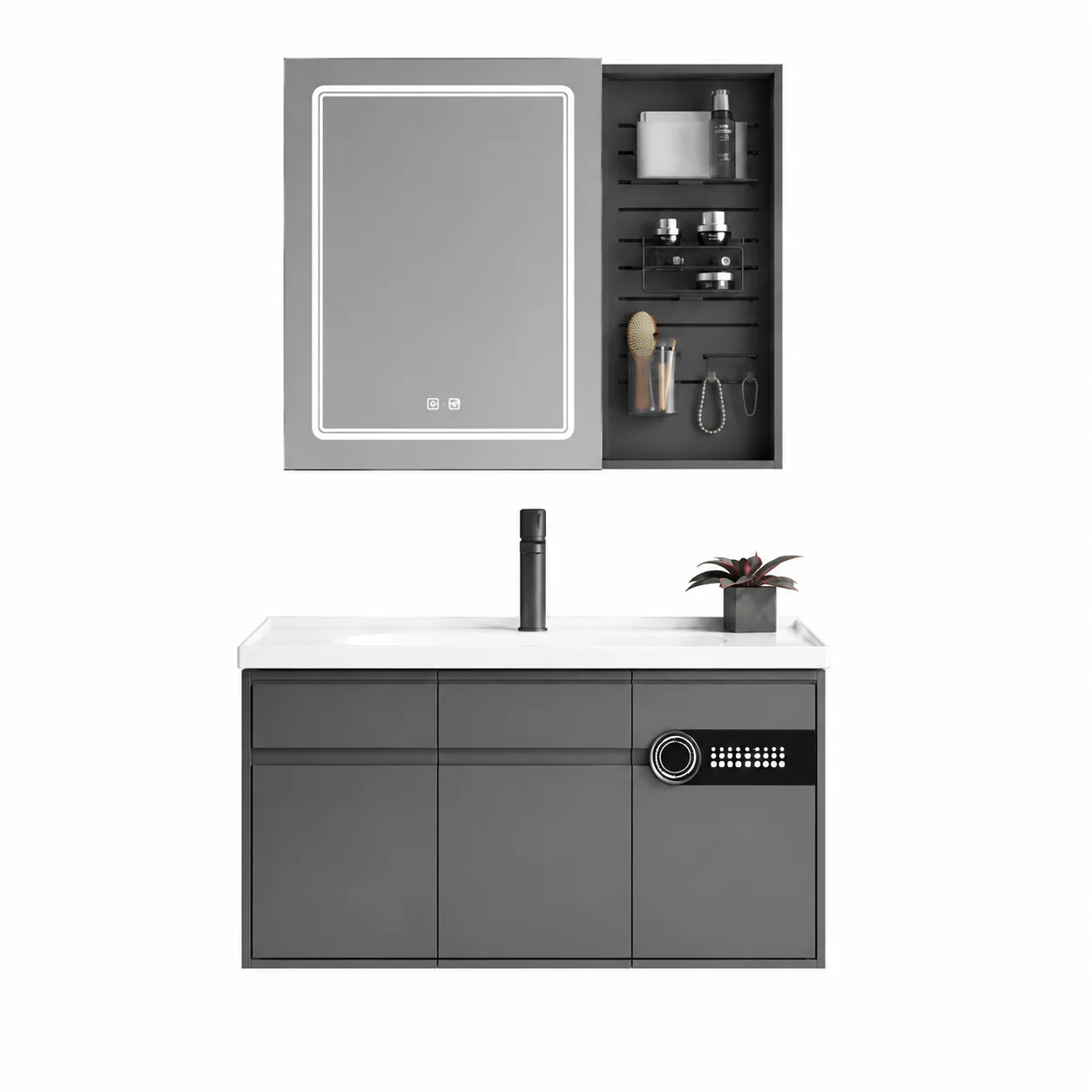 Home Living Bathroom Vanity - ตู้ห้องน้ำแบบติดผนังสไตล์โมเดิร์นพร้อมกระจกอัจฉริยะ อ่างเซรามิก และพื้นที่จัดเก็บสำหรับใช้งานในคลังสินค้า