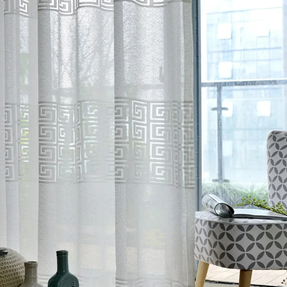 Woven Pattern Hollow Out Embroidery White Screen Window Screen Curtains for Living Room Bedroom French Window