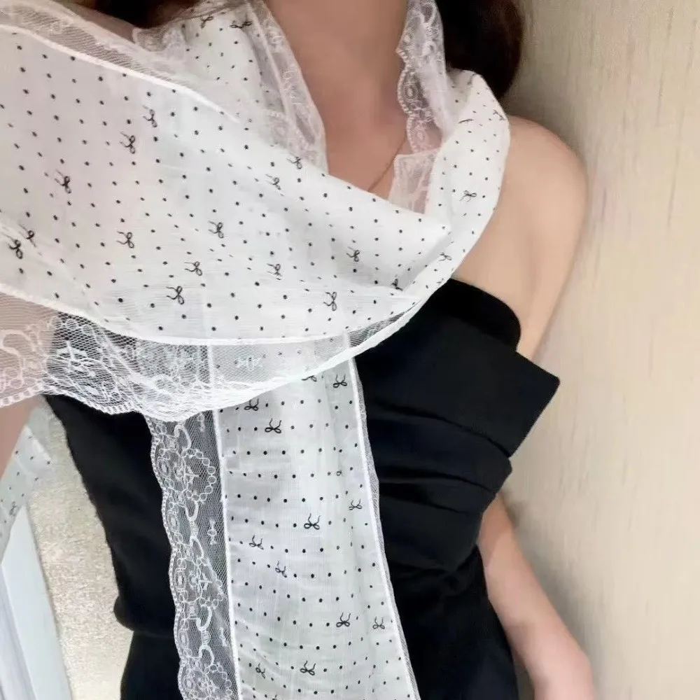 

Fashion Butterfly Knot Silk Scarf Polka Dot Lace Edge Drifting Belt Lightweight Women Headscarf