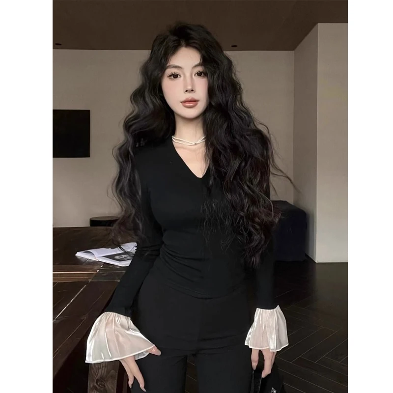 Temperament Slim Solid Color T Shirts Spring Autumn New Long Sleeve V Neck Simplicity Elegant Tops Fashion Korean Women Clothing