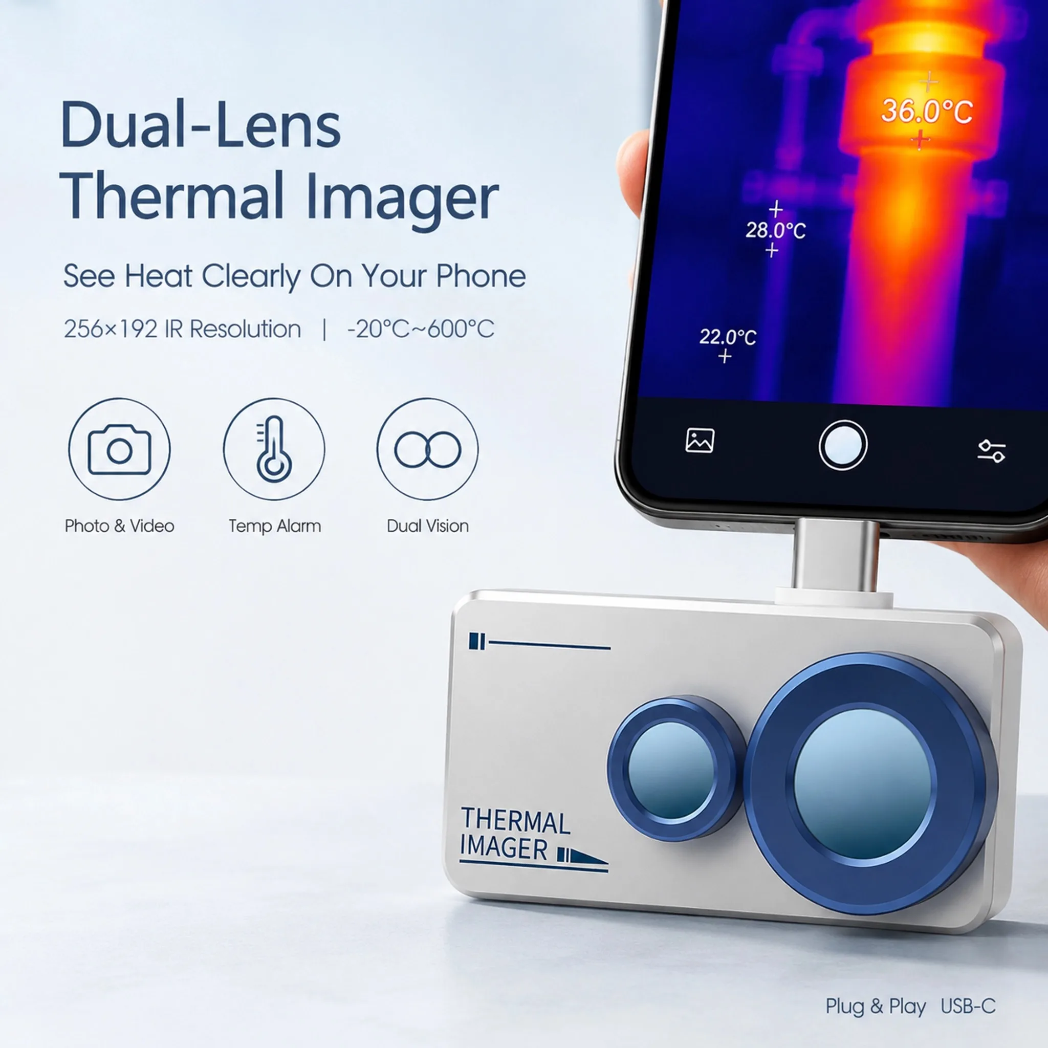 Thermal Camera 256x192 IR Resolution -15~600℃ USB-C Android Thermal Imager with 640x480 Visible Light for Electrical