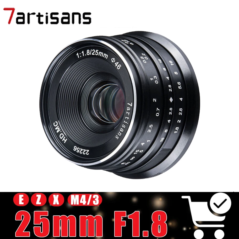7artisans APS-C 25mm F1.8 handmatige focus, groothoeklens met vaste brandpuntsafstand, compatibel met Sony E, Fuji FX, Nikon Z en Olympus M43.