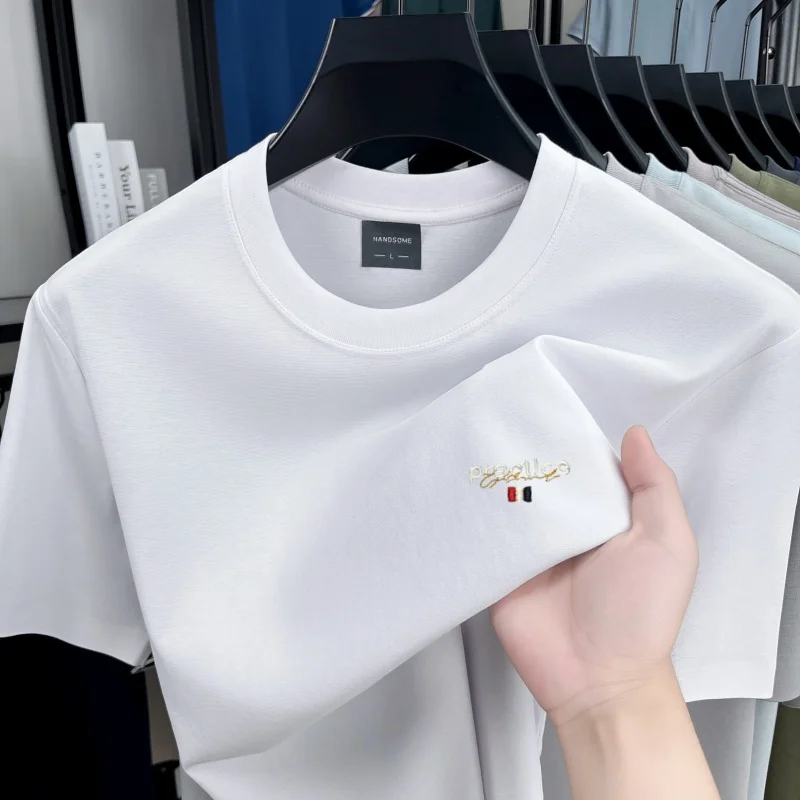 Trend letter embroidery men short sleeve T-shirt summer new casual round neck high-quality brand ice silk cotton breathable top