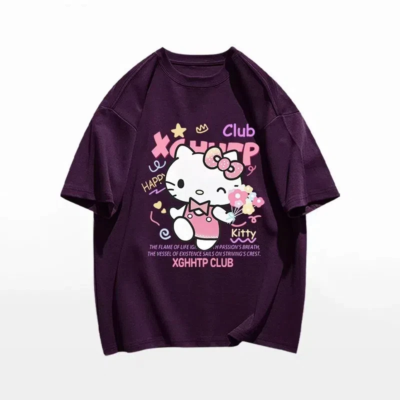 2024 Hello Kitty Sanrio T-shirt Kawaii Cartoon Print Cotton Tops O-neck Oversized Shirts Streetwear Splicing Top Women Clothing