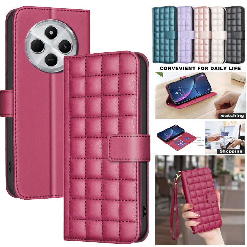 3D Checkered Pattern Wallet Bag Leather Case For Xiaomi Redmi 14C 13C 12 Redmi14C Note 13 Pro Plus 5G Cases Magnetic Flip Cover