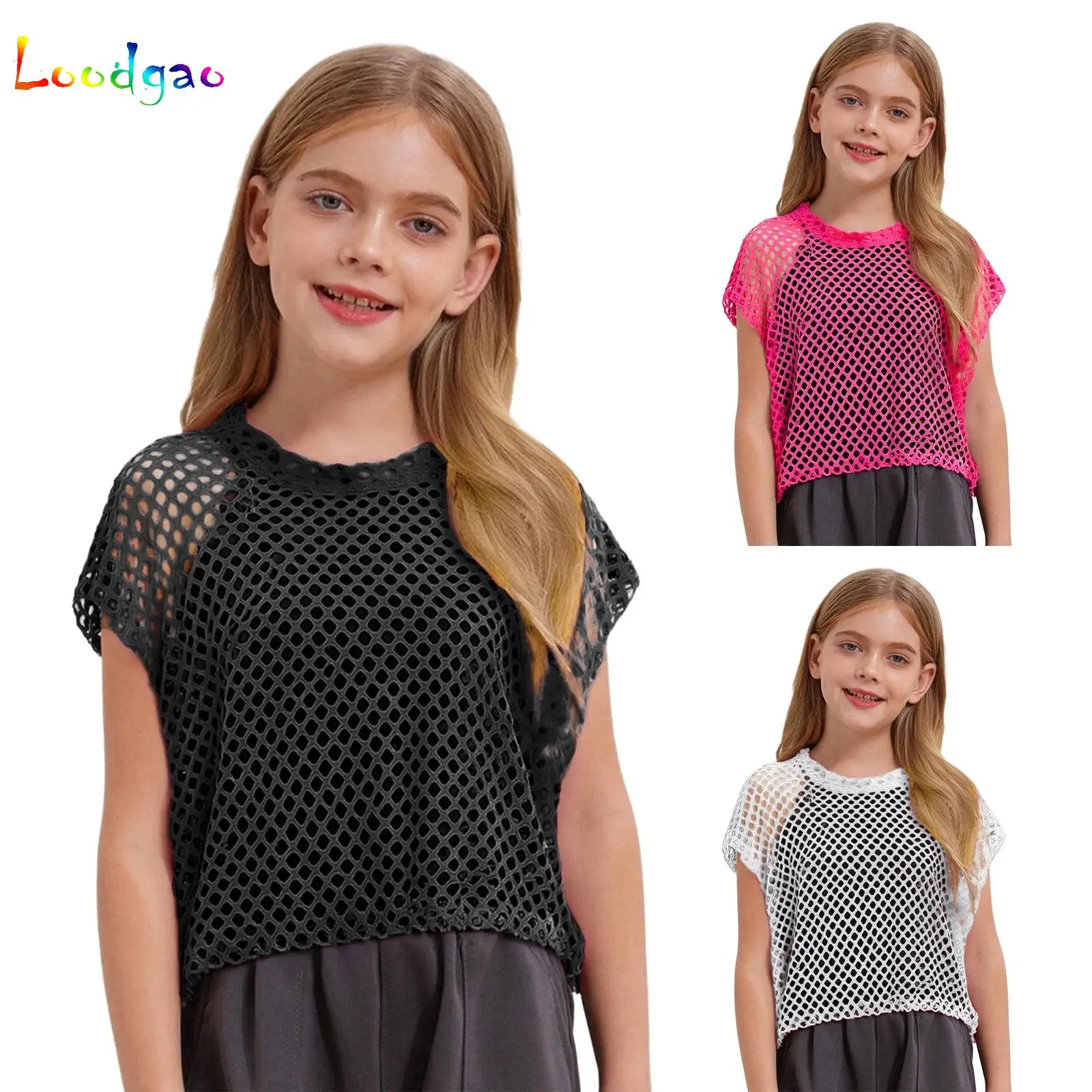 

Kids Girls Hollow Out T Shirt See-Through Mesh T-Shirt Elastic Drawstring Hem Crop Top for Skateboarding Hip-Hop Street Dance