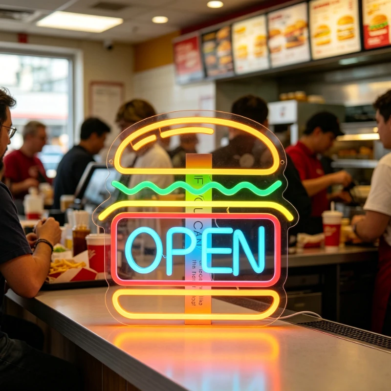 Burgers Open Neon Sign Dimmable Hamburger LED Neon Lights for Business Food Room Bar Party Snack Shop Restaurant Decor Gift USB