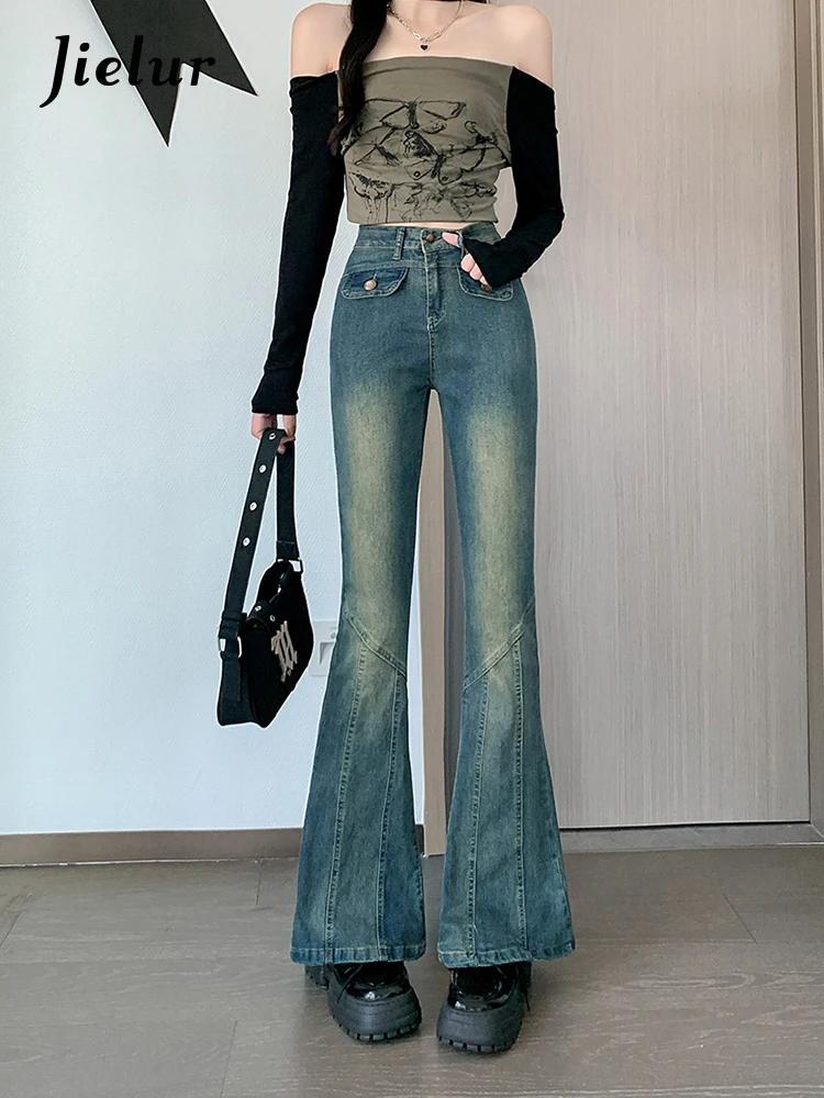 

Jielur Slim Autumn Sexy Chicly Women Jeans High Waist Vintage Fashion Woman Jeans Blue Street Simple Basic Flare Pants Female