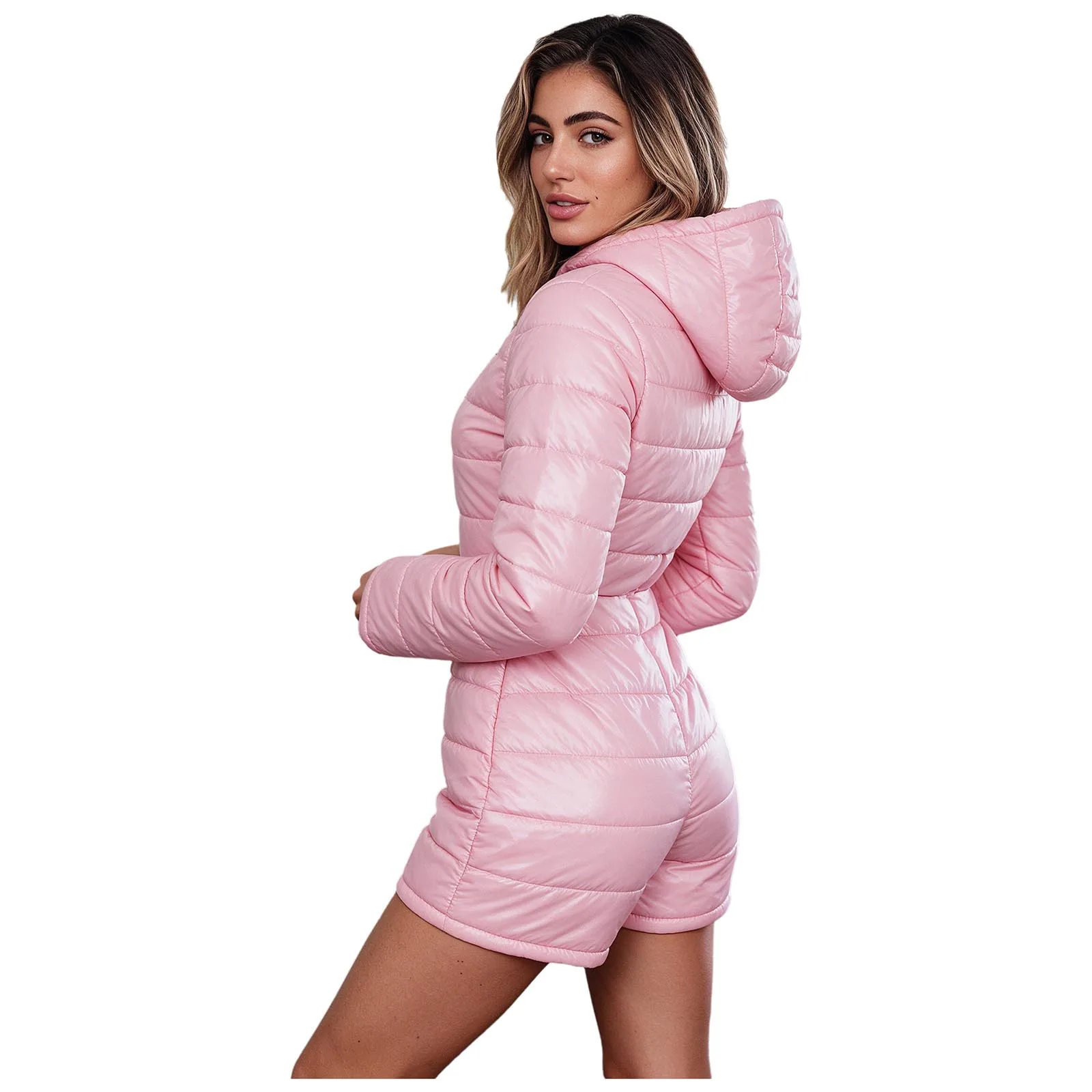Womens Quilted Padded Jumpsuit Water Resistant Hooded Front Zipper Boydsuit with Pockets Solid Color Skiing Outdoor Playsuits
