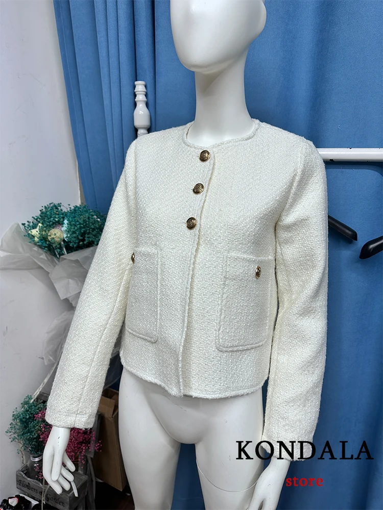 KONDALA Vintage Woolen Loose Elegant Jackets Women Button Pocket Solid White Coats Women Fashion 2022 Autumn Office Lady Outwear