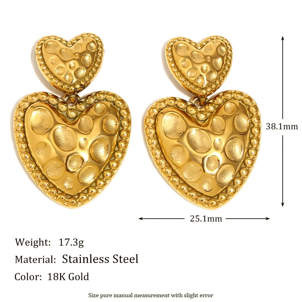 Ins 18K Gold Silver  PVD Plated Stainless Steel  Heart Hammered  Valentina's Day  Stud Earring For Women Waterproof