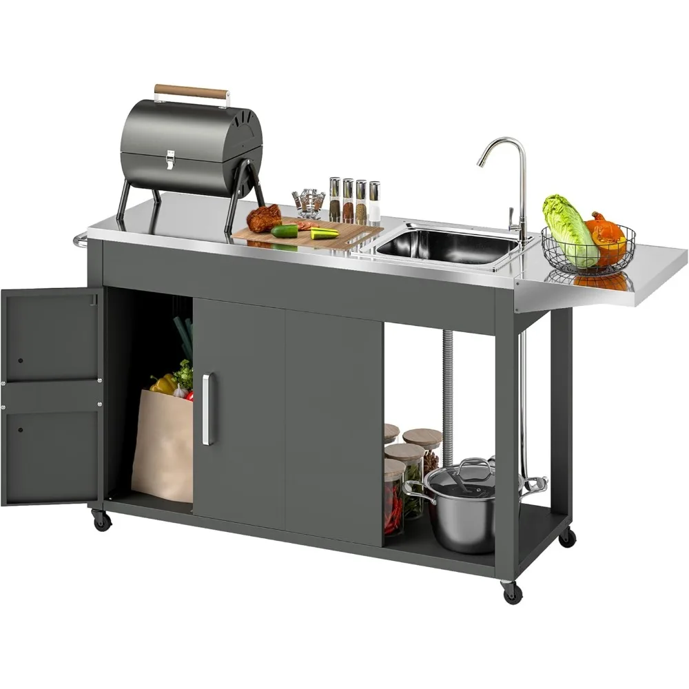 Outdoor-Grilltisch mit Edelstahlspüle und Entwässerung, Grillwagen mit klappbarem Beistelltisch und Schrank, Outdoor-Küche ist