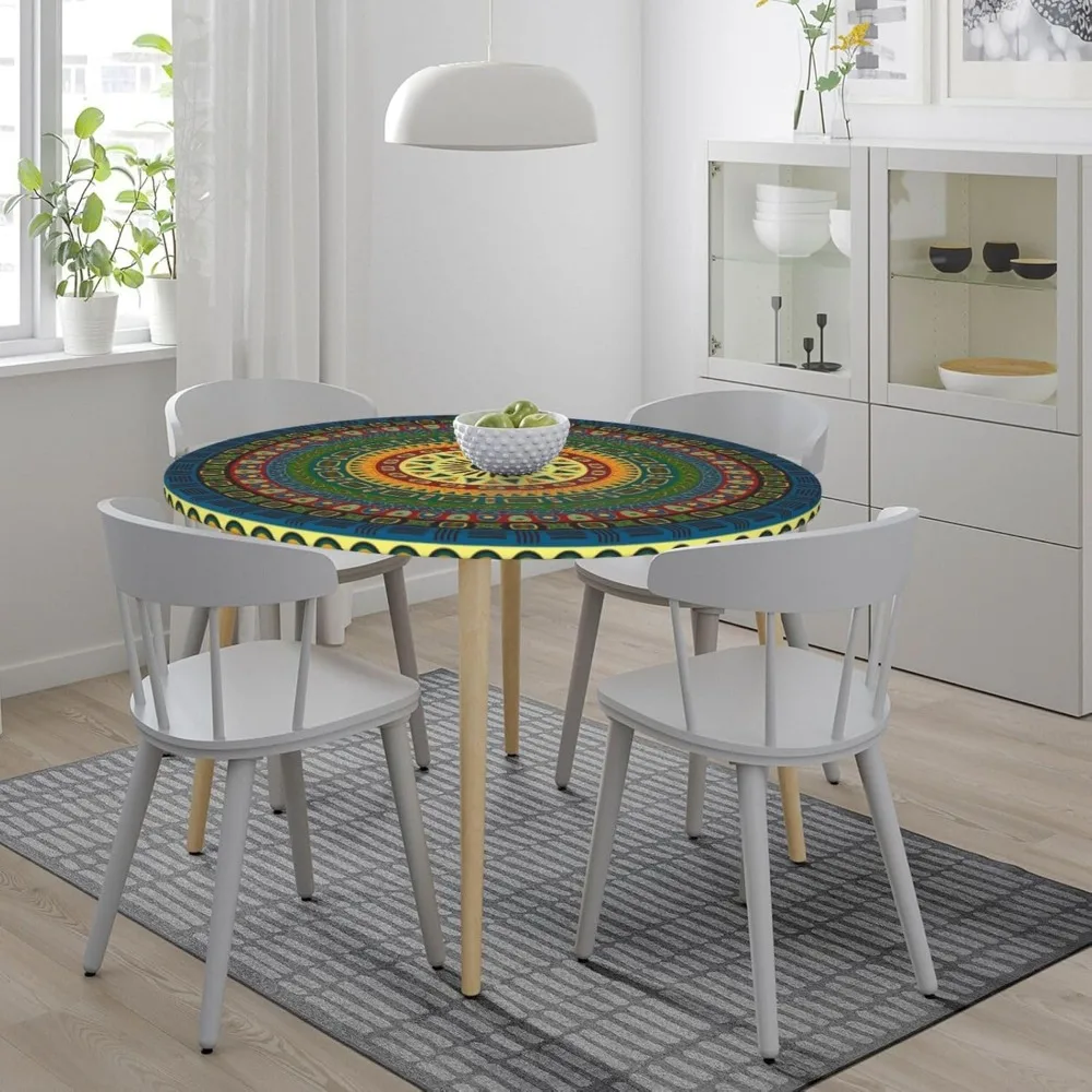 Round Table Cloth Blue and Green Mandala Tablecloth Elastic Edge Fitted Table Cover Fits Tables Up to 40