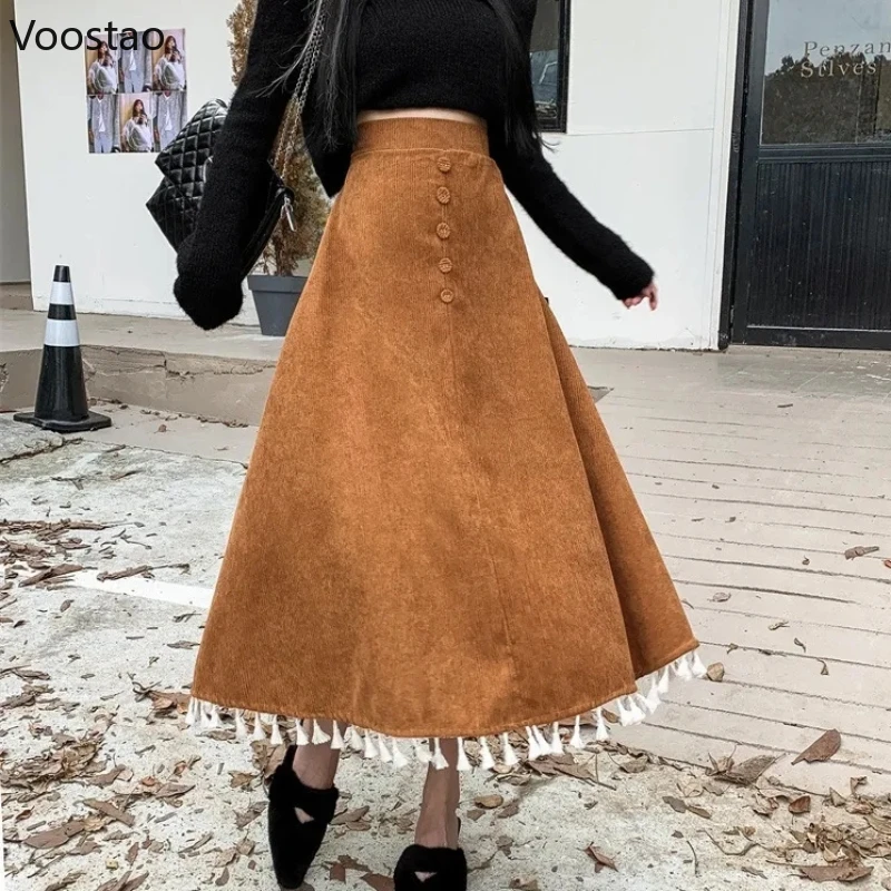 

Autumn Vintage Corduroy Long Skirt Women Elegant Tassels A-Line Midi Skirt Spring Office Lady Korean Fashion Maillard Y2k Skirts