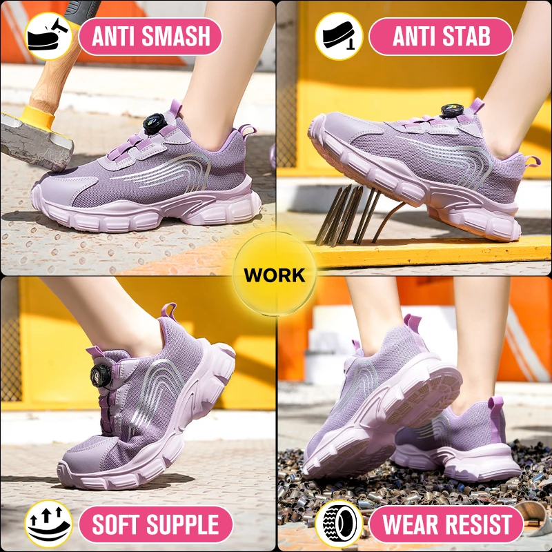 Rotating Button Women Safety Shoes For Work Safety Boots Breathable Steel Toe  Puncture Proof Sport Work Sneakers Construction