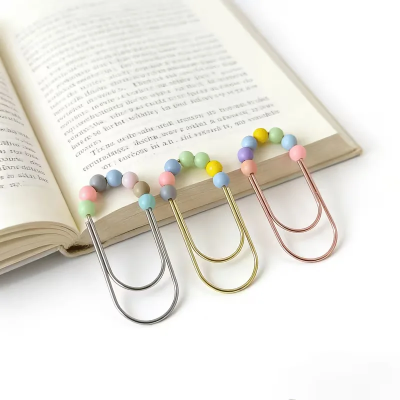 Cute Beaded Paper Clips, Aesthetic Multicolor Bead Decorative Metal Paperclips, Random Style Bookmark Clips for Notebook Journal