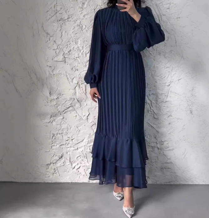 Elegant Party Dresses Women French Autumn Casual Mesh Splicing Fashion High Waisted Pleated Party Evening Dresses Midi Dresses