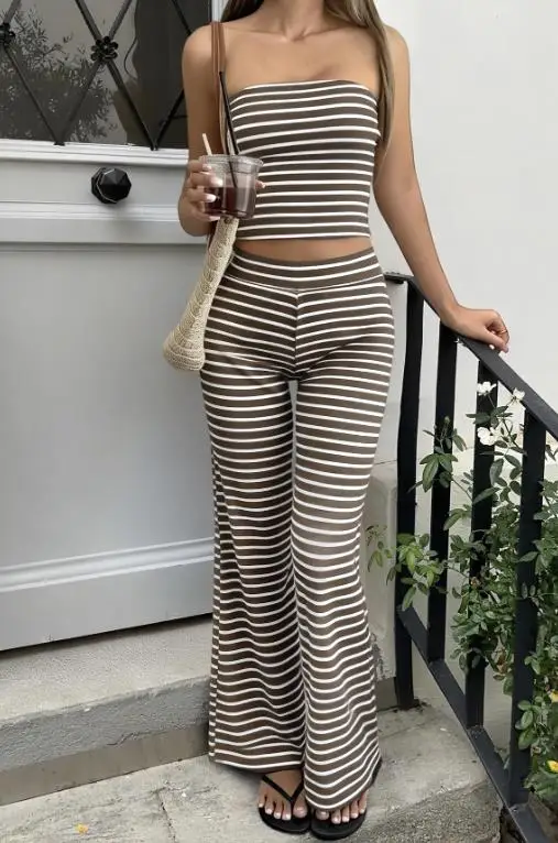 

Two Piece Set Women Outfit 2026 Spring Summer New Striped Strapless Sleeveless Crop Vest & High Waist Casual Long Pants Set
