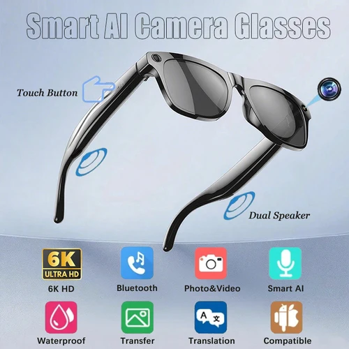 Imagen 1 del producto Gafas con cámara inteligente 6K HD AI, 100MP, 260mAh, batería de larga duración, Control de asistente de voz, llamadas de música, gafas deportivas inteligentes