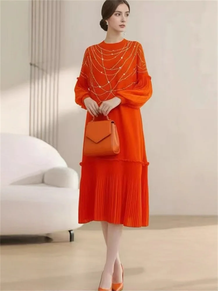 Miyake pleats, women's clothing, printed beads, O-neck lantern sleeves, loose, ruffles, dress, elegant, fashionable, 2026 new view 4