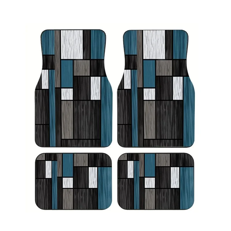 

4Pcs Blue Gray Wood Geometric Car Floor Mats Modern Abstract Style Anti-slip Waterproof Foot Pads Auto Interior Decoration