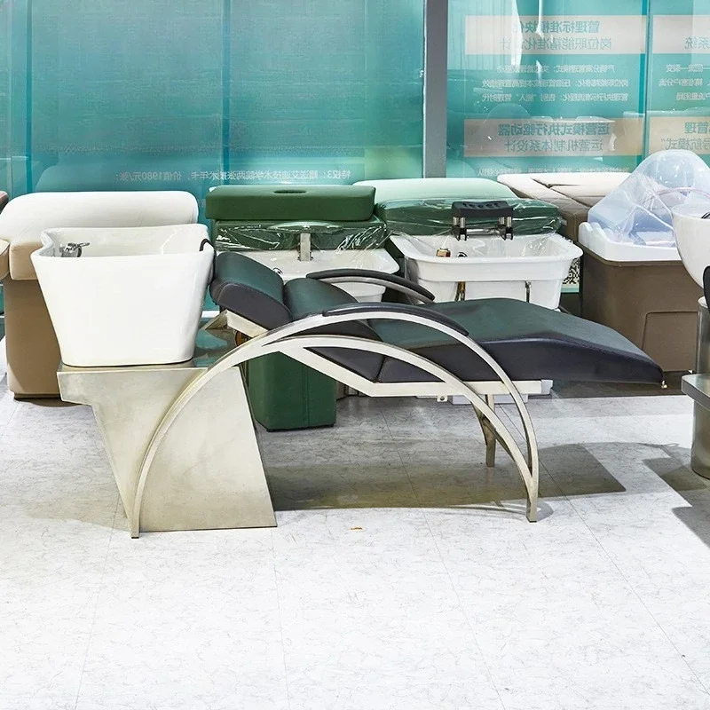 

88.-Semi-lying Shampoo Bed Ceramic Basin Stainless Steel Shampoo Flushing Bed