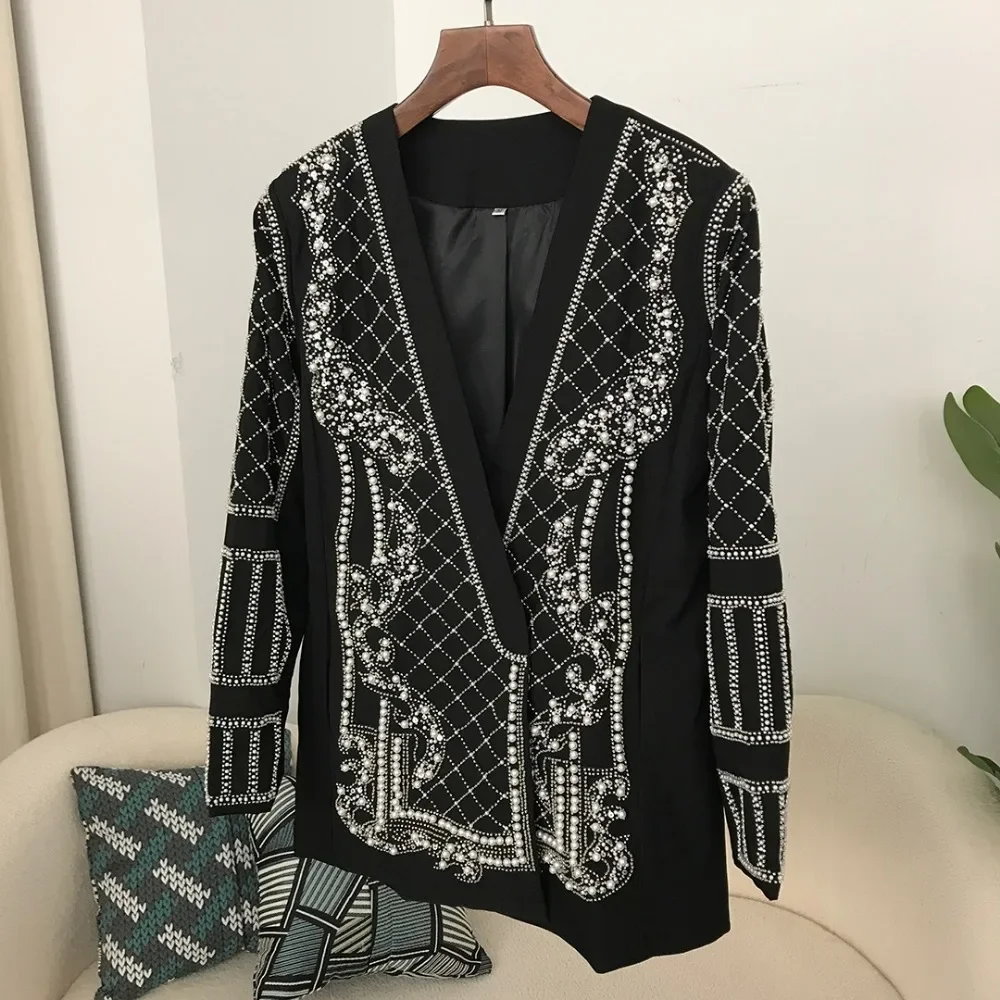 Suit Jackets Spring Autumn Fashion Women\'s Blazer Handmade Pearl Beaded Shawl Collar Hidden Breasted Long Sleeve 2024 New