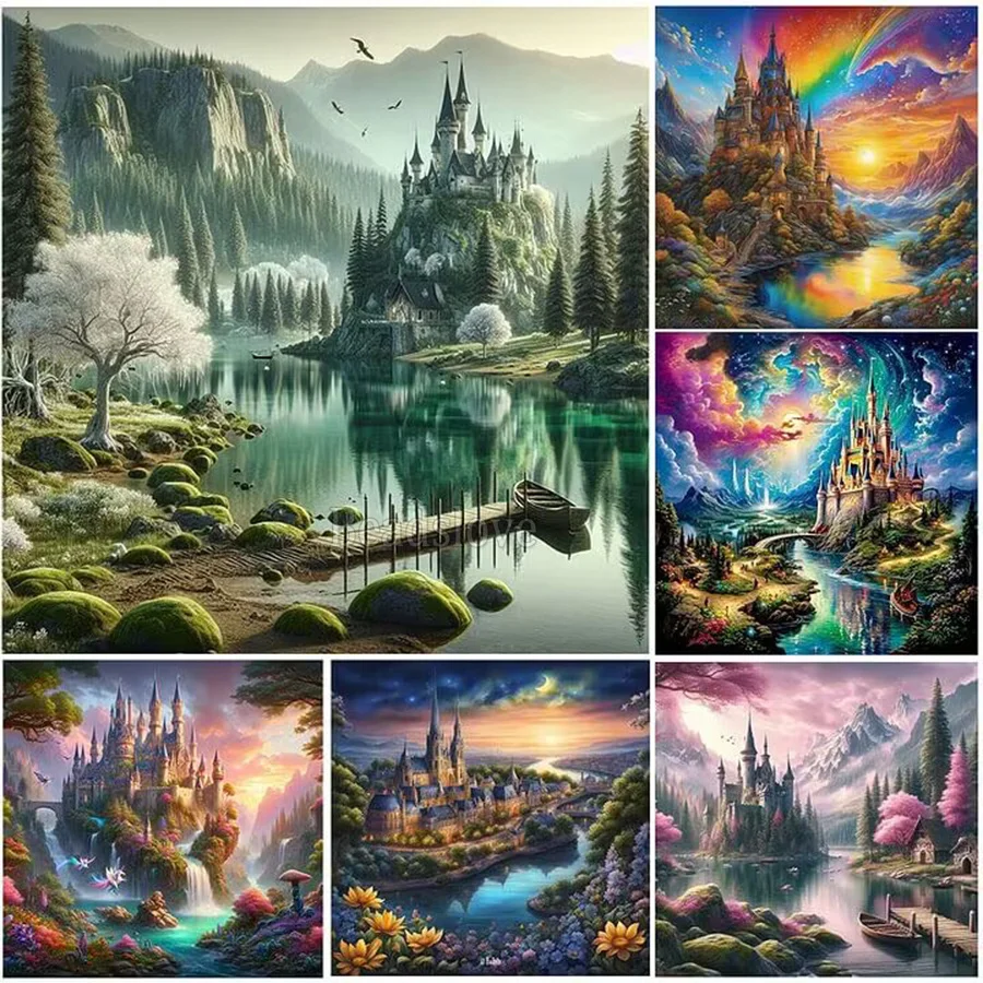 

green tree lake mountain diamond painting new 2024 full diamond mosaic jewelry cross stitch castle landscape living room decor