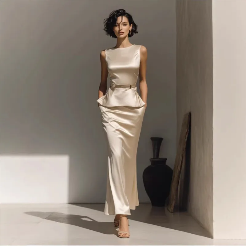

Elegant Evening Satin Dress for Women O-neck Sleeveless Mermaid Floor Length Formal Gowns Cocktail Sexy Party Midi Dress Outfit