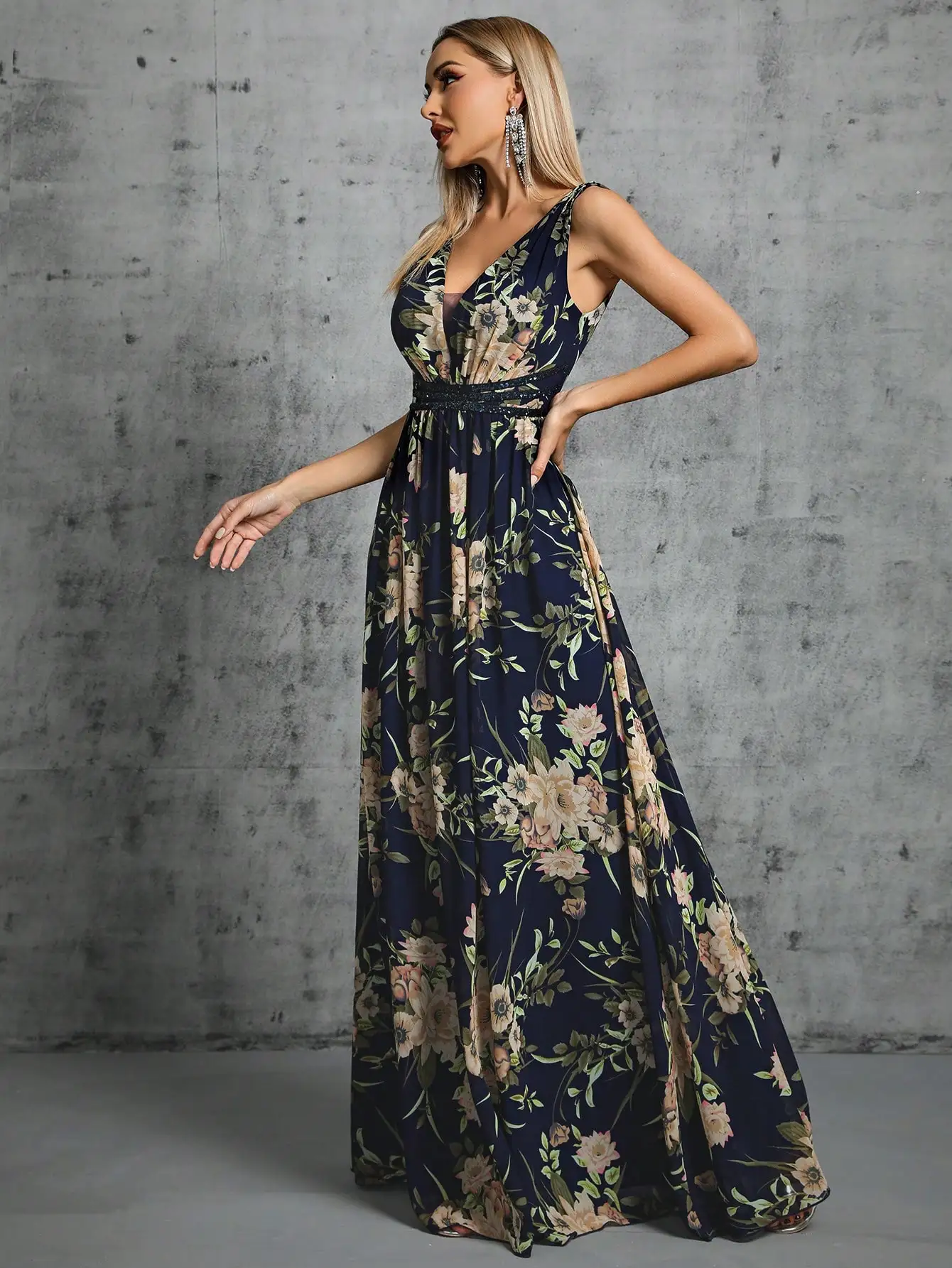 Mgiacy V-neck sequin belt print chiffon full swing Evening gown Ball Dress Party dress Bridesmaid dress