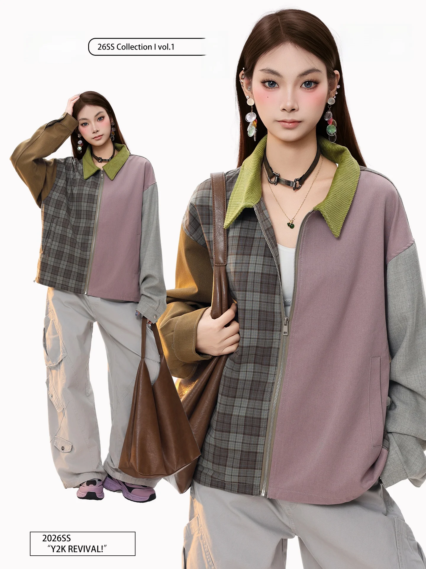 

PBB American Retro Plaid Splicing Design Jaet Coat Men's Waed Corduroy Zipper Collar Top Women's Casual Sle ort Coat