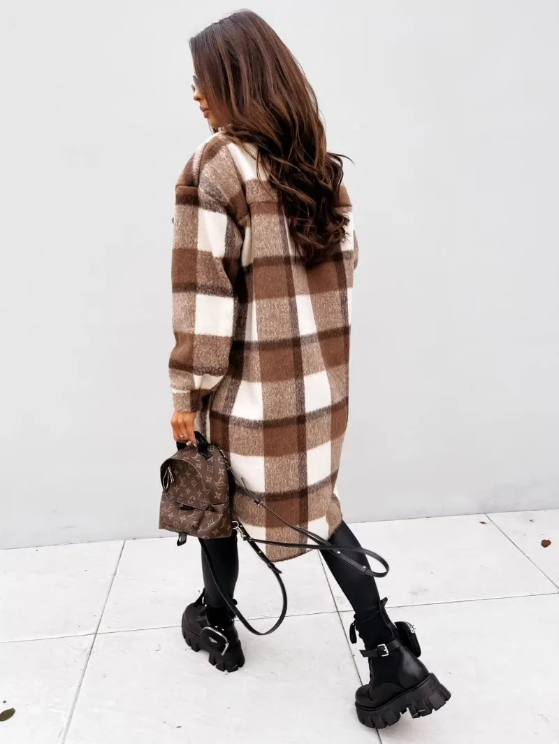 Autumn &winter Fashion Button Style Coat Checkered Printed Long Sleeved Shirt Jacket Elegant Comfortable Commuting Streetwear