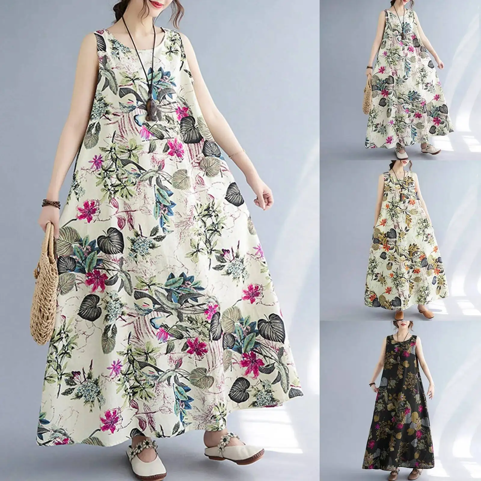 

Summer Printed round Ne Svel Dr Loose Waist ort Sve Long Dr Basic Sle A-Line Silhouette Other Fabric