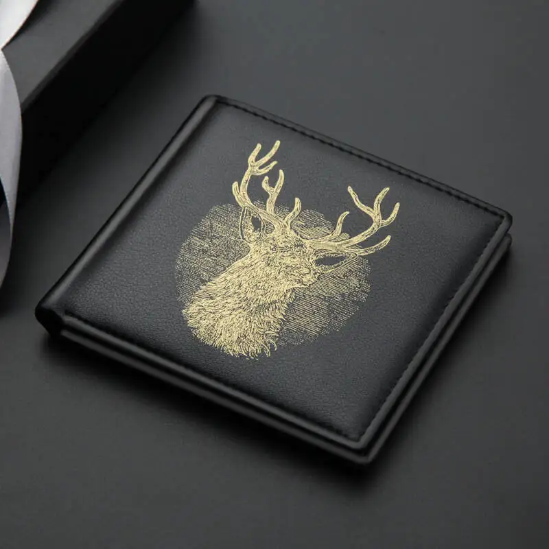Men's Fashionable PU Leather Double Folding Wallet With 3D Embossed Deer Head Pattern Short Wallet Vintage Casual Business