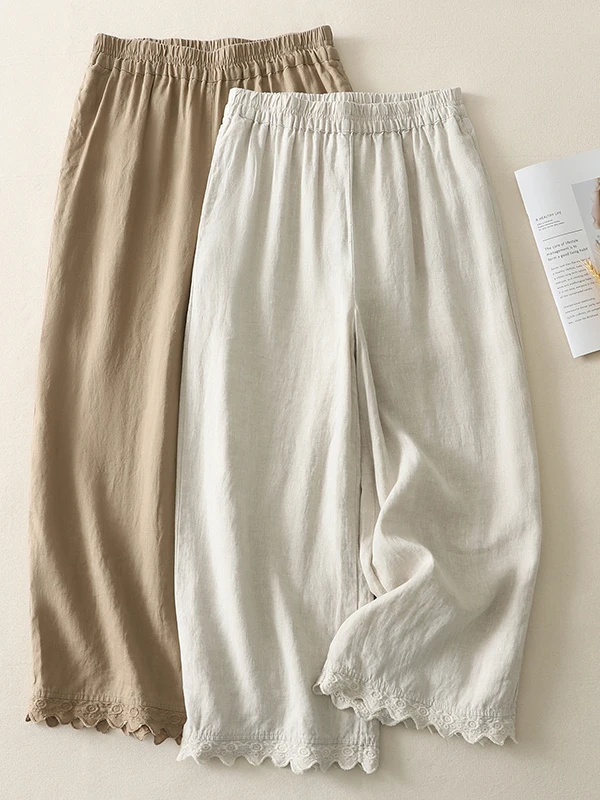 

Summer Casual High Waist Straight Leg Pants Women's Loose Wide Leg Trousers with Embroidery Folded Foot Mouth